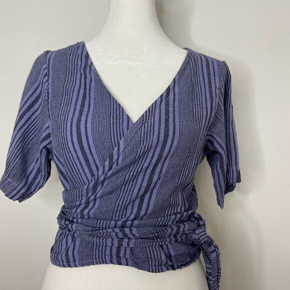 Fair Trade Boho Striped Cotton Cropped Wrap Top with Tie Waist Purple Striped - Picture 2 of 14